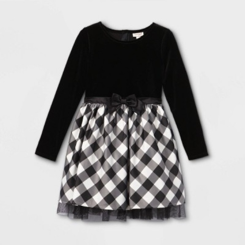 Cat & Jack Girls Velour Buffalo Check Long Sleeve Dress
